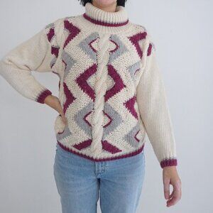Vintage Clovelly Cream w Maroon Geometric Shape Cable Knit Turtleneck Sweater M